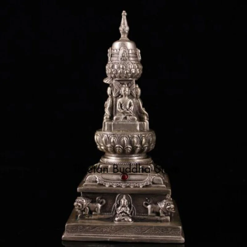 

8 inch copper silver plating carved buddhism four buddha dagoba stupa statue