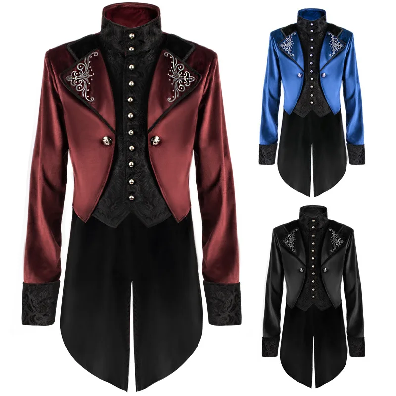 

XXXXL XXXL Plus Size Men's Steampunk Vintage Jacket Gothic Victorian Frock Coat Uniform Black Blue Red Halloween Medieval Costum