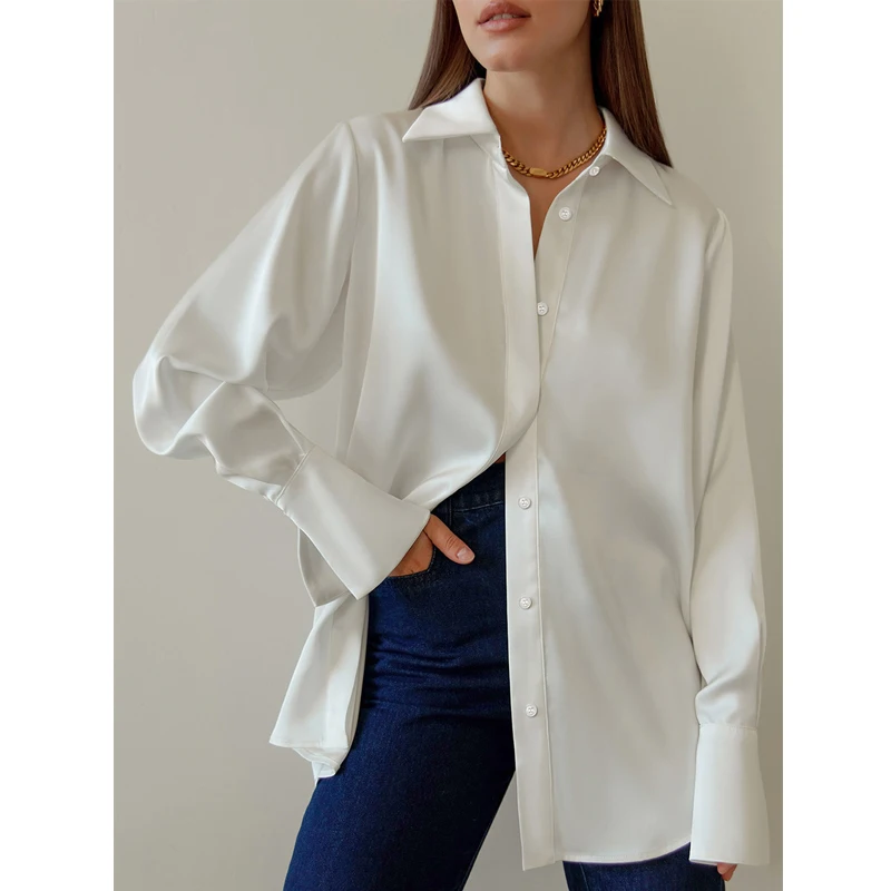 

Модная атласная однотонная Свободная рубашка, Осенние шикарные белые топы с длинным рукавом, повседневная Офисная Женская шелковая блузка, элегантная женская одежда 28697