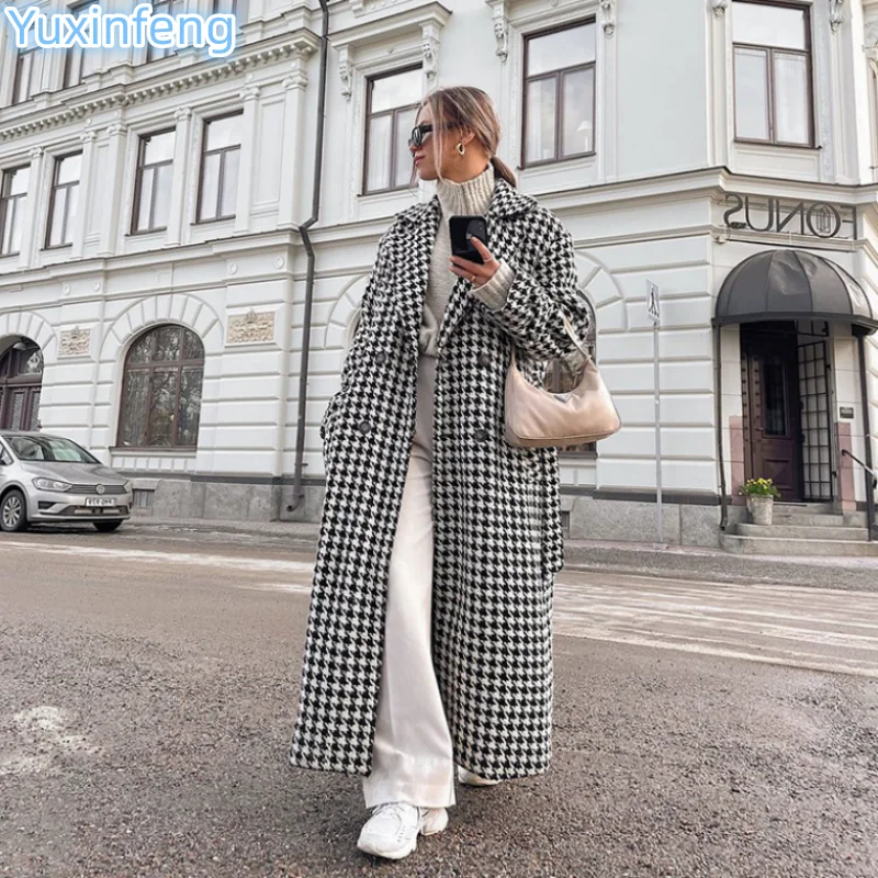 

Autumn Winter Plaid Coats Woman Long Trench Vintage Fashion Houndstooth Double Breasted Loose Maxi Thick Belt Woolen Oversize