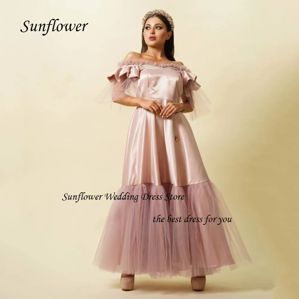 

Sunflower Off the Shoulder Evening Dress 2023 Slim Satin Prom dress Tulle Short Sleeves A-LINE Ankle-Length Pary Dress