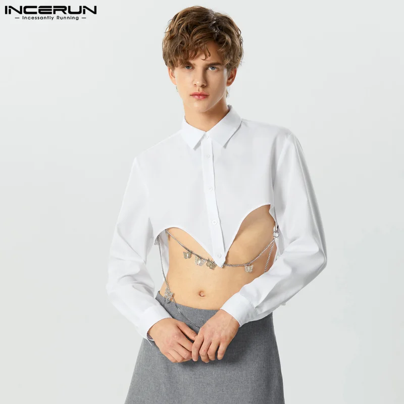 

INCERUN Tops 2023 American Style Handsome Mens Cropped Irregular Hem Shirts Casual Solid Comfortable Long Sleeved Blouse S-5XL
