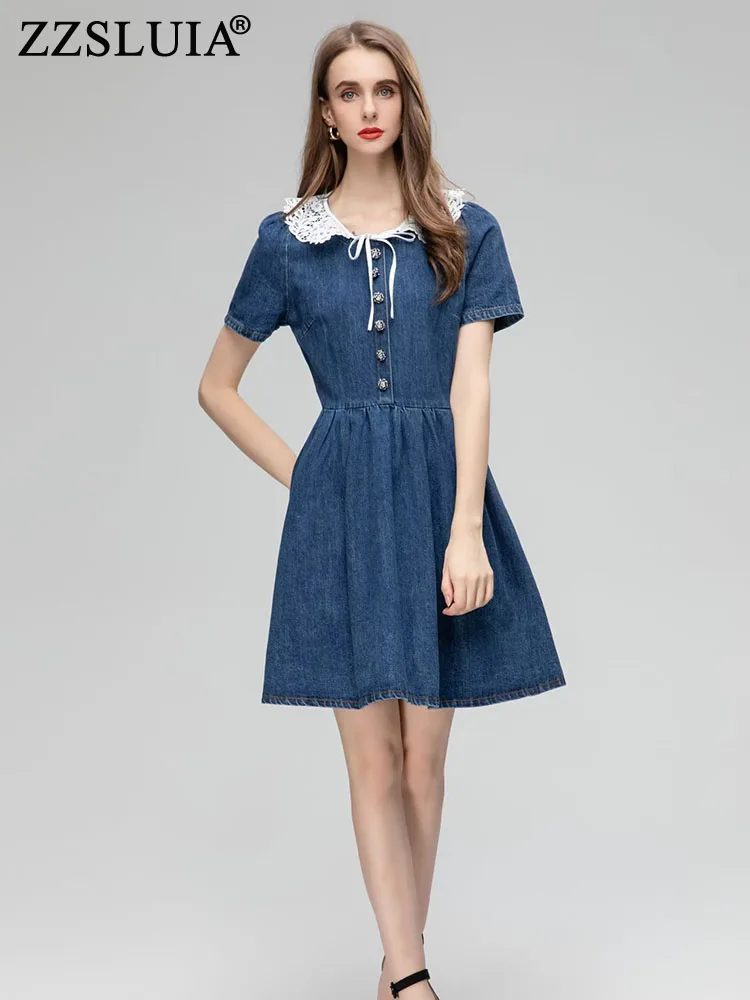 

ZZSLUIA Sweet Dresses For Women Buttons Designer Water-soluble Embroidery Slim Denim Dress Fashion Short Sleeve Dresses Female