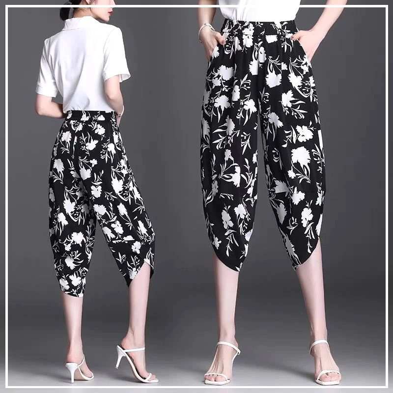 

2024 New Summer Casual Loose and Minimalist Fashion High Waisted Pocket Print Oversize Versatile Cropped Harlan Pants for Women