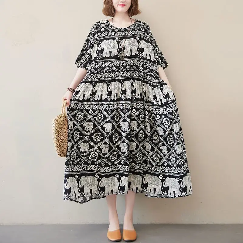 

Retro Korean Printed Round Neck Summer Women's Chiffon Fashion Folk Versatile High Waisted Half Sleeve Loose Mid Length Dress