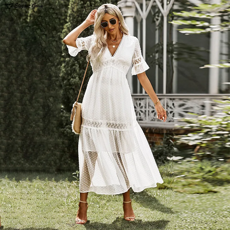 

Fitshinling Lace Splice Maxi Dresses for Women Bohemian Deep V Neck Sexy Long Pareo Female Holiday Flare Sleeve New White Dress