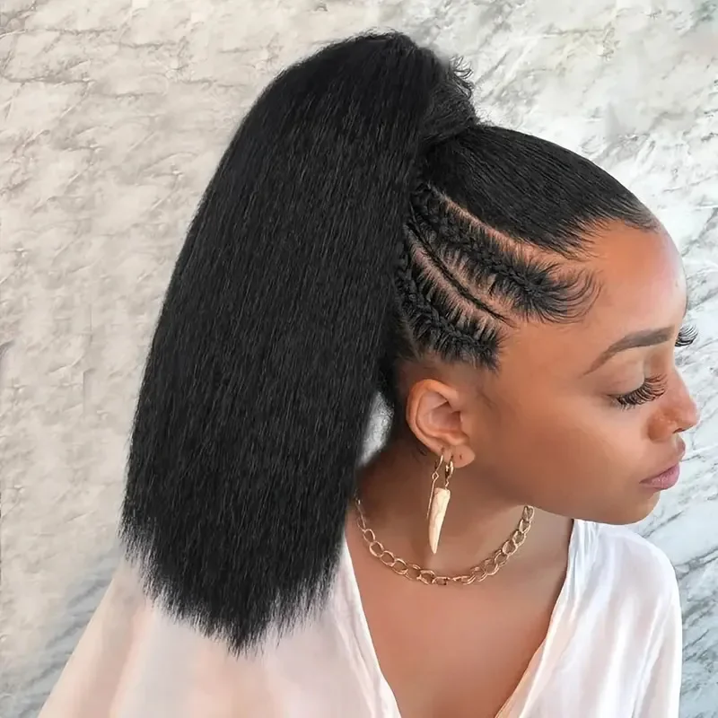 

Kinky Straight Ponytail for Black Women, Fluffy Synthetic Clip-ins, Natural Black Yaki Tails, Claw Clip, 16 in, 1B