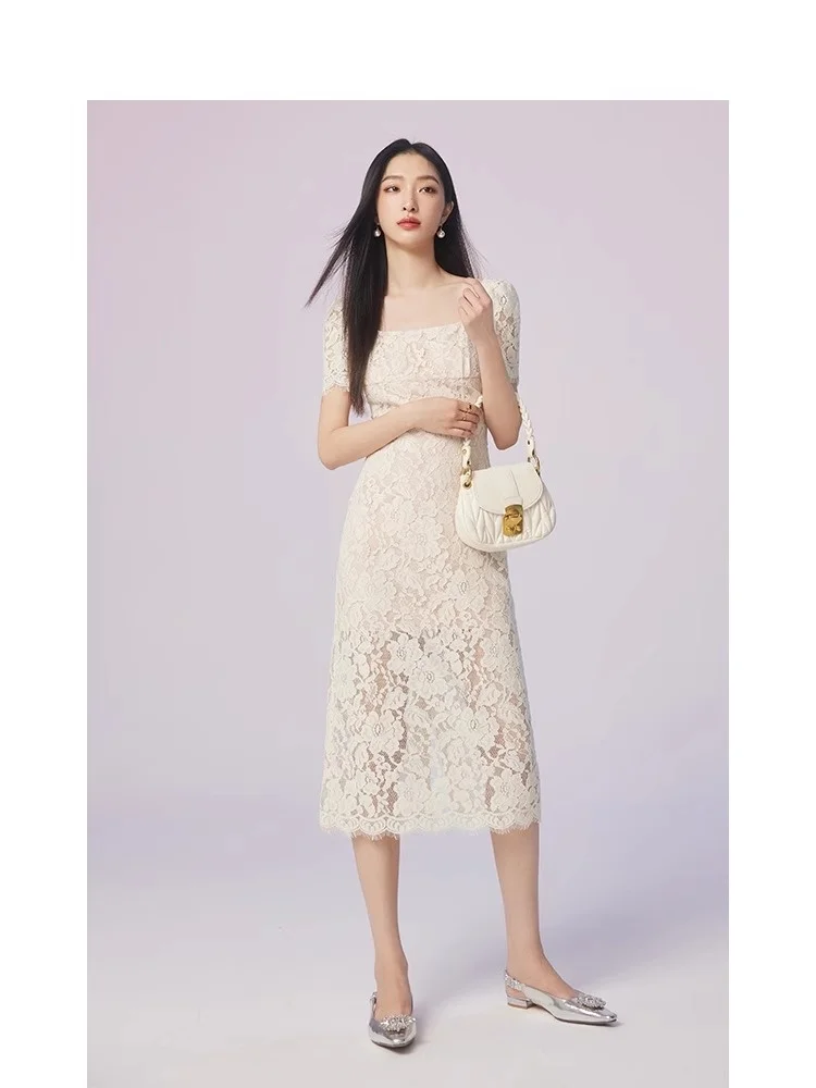 

French Fashion White Heavy Industry Lace Romantic Square Neck Dress 2024 Women's Summer Light Luxury Silm Party Vestidos G237