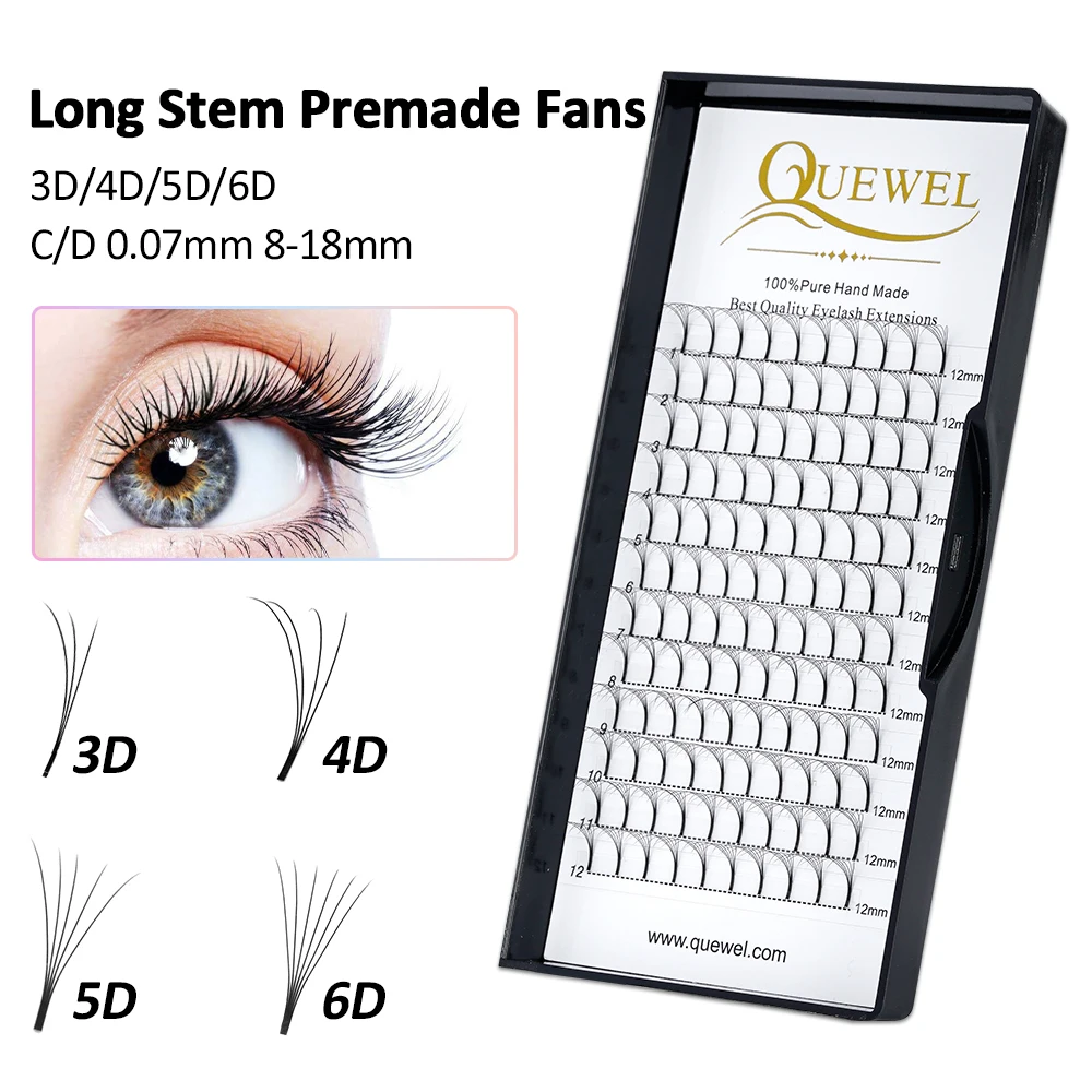 

Quewel 3D 4D 5D 6D Long Stem Premade Lashes Faux Mink Volume Fans Eyelash Extensions Black Soft Russian Pre-made Eyelashes NEW