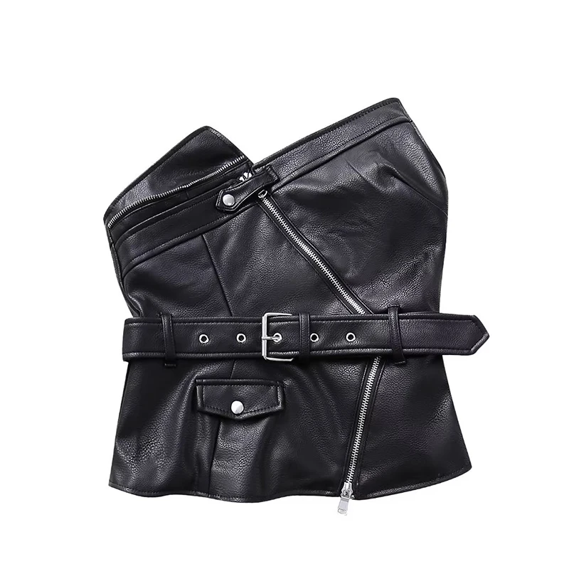 New Women With Belt Asymmetric Faux Leather Top Sexy Strapless Ladies Chic Crop Top
New Women With Belt Asymmetric Faux Leather Top Sexy Strapless Ladies Chic Crop Top