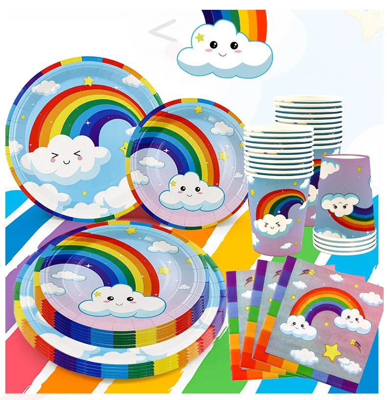 

10 Guest Rainbow Cute Paper Plates Napkins Disposable Party Supplies For Kids Cartoon Prints Girl Boy Birthday Baby Shower 2024
