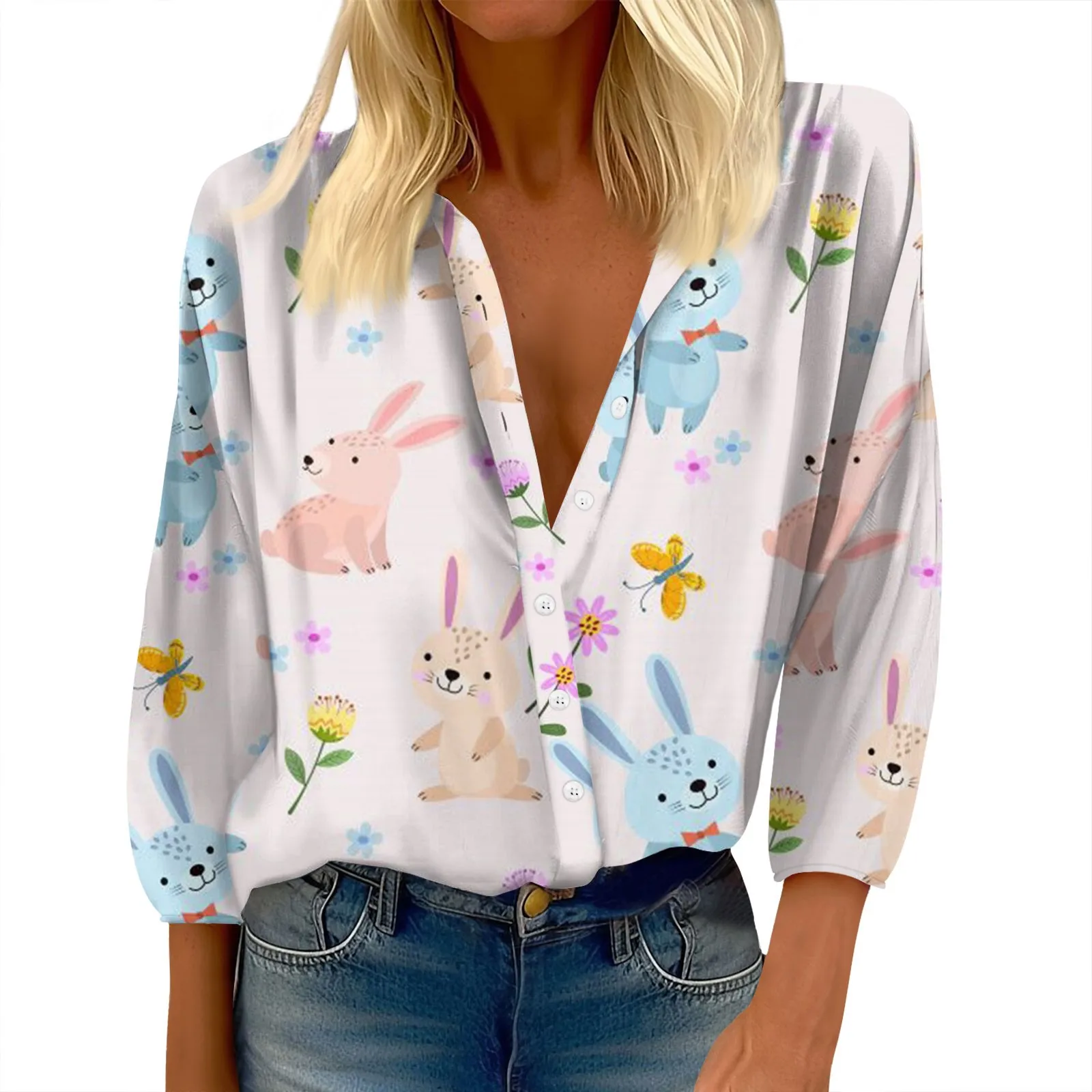 

Women'S Shirt Button Casual Easter Print Fashion Round Neck Drop Shoulder Seven Sleeve Shirt Top Women'S Cropped Y2k Tops Cute