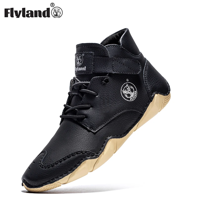 

FLYLAND Leather Men Shoes Fashion Male Driving ShoesFashion Vintage Hand Stitching Soft Chukka Boots Work Office Shoes