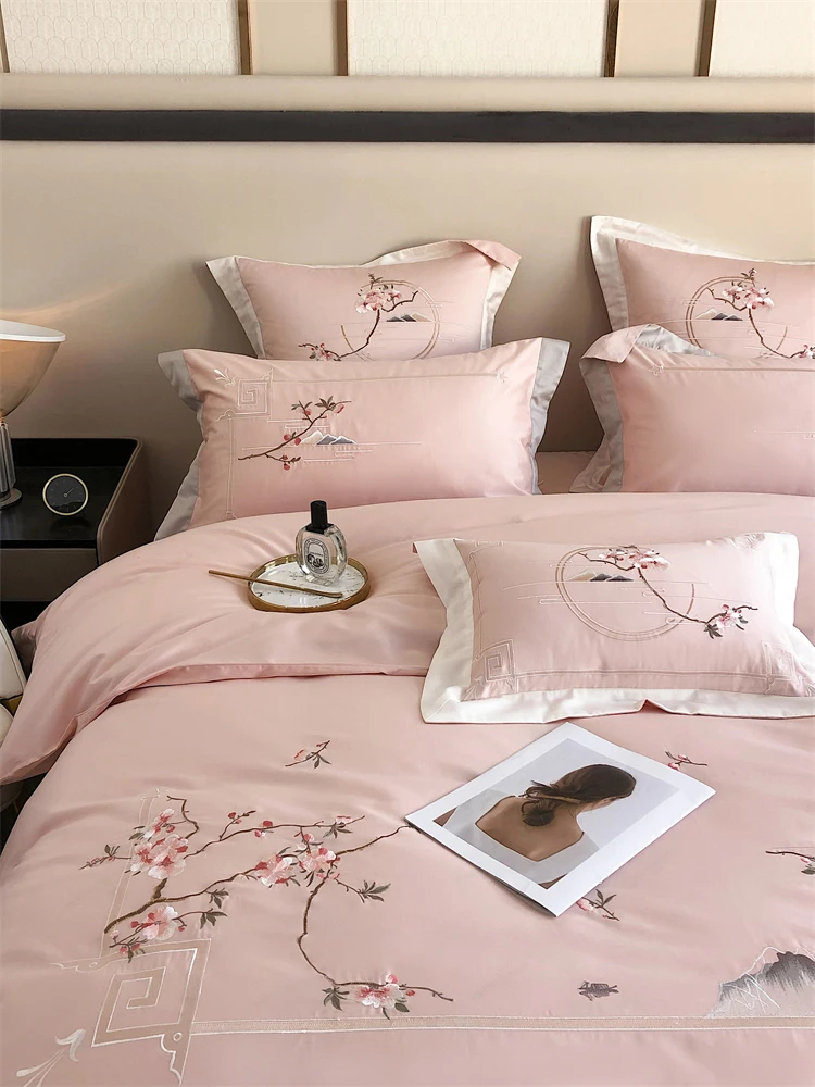 Chinese Style Embroidered Bedding Set 600TC AU Cotton Sheet Pillowcase Duvet Cover Set 4Pcs for Home(Queen King Size,Blue/Pink) Chinese Style Embroidered Bedding Set 600TC AU Cotton Sheet Pillowcase Duvet Cover Set 4Pcs for Home(Queen King Size,Blue/Pink)