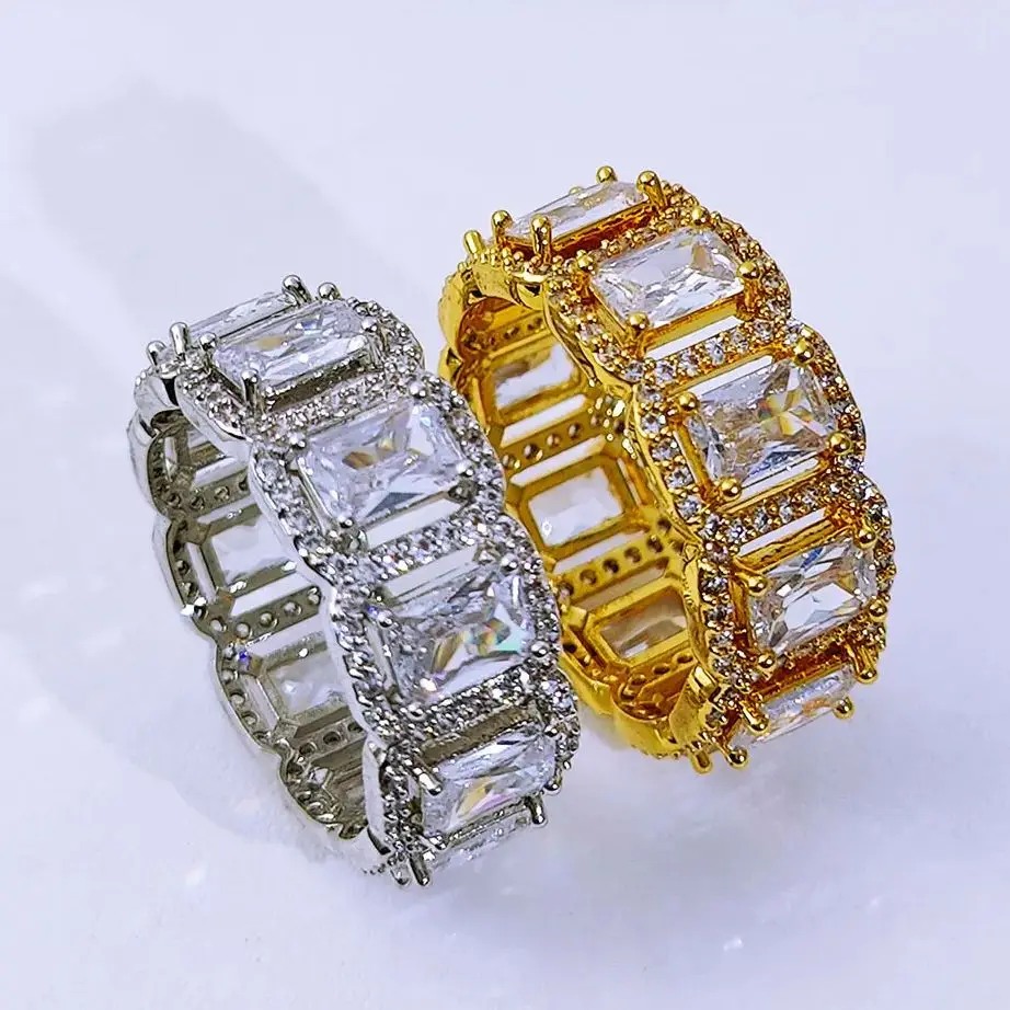 

Hip Hop Jewelry Silver Gold Color Cluster Rectangle Cubic Zirconia Love Ring Princess Cut Stackable Tennis Rings for Men Women