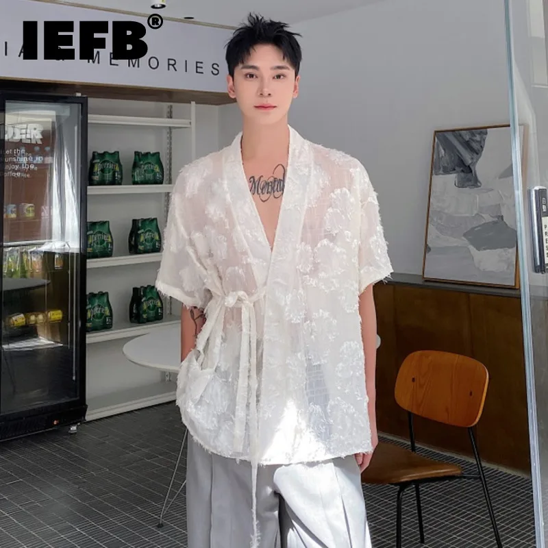 

IEFB Chinese Style Shirt Men's New Summer 2024 Strap Design Muslin Individuality Solid Color V-neck Short Sleeve Men Top 9C5814