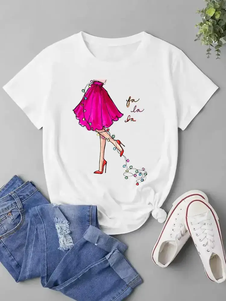 

Watercolor Cartoon Trend Clothes Holiday Top Women Christmas Print Fashion New Year T Shirt Graphic T-shirt Ladies Clothing Tee