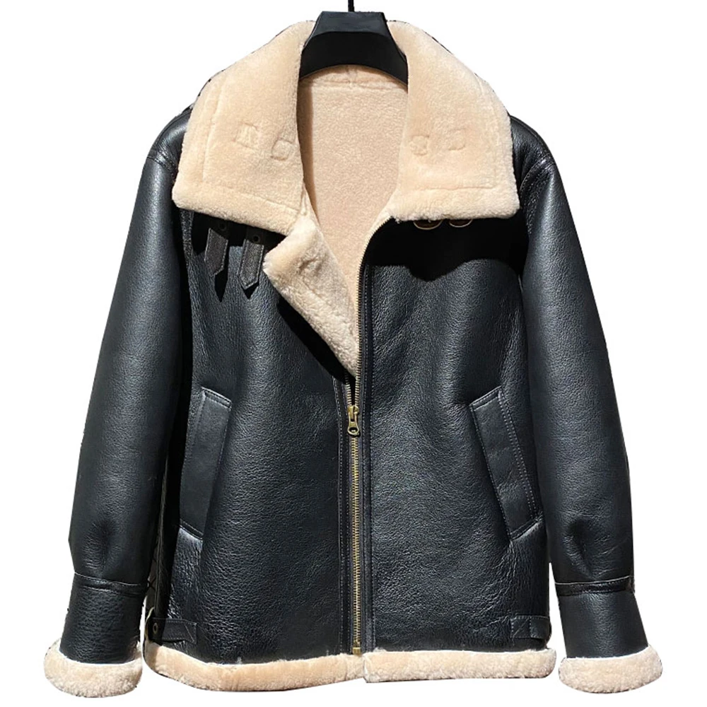 

Plus Size 7XL Mens Sheep Fur Lined Trench Coat Simple Fashion Shearling Leather Jacket Bomber Male Outerwear Overcoat Winter