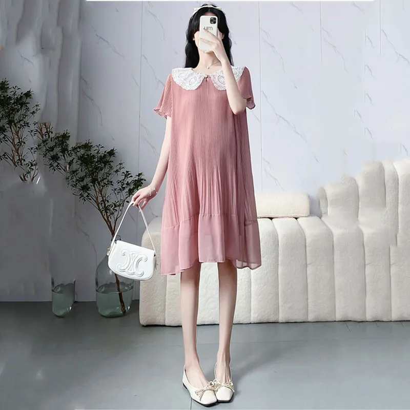 

Maternity Chiffon Dress, Cute Peter Pan Collar Solid Short Sleeve Pregnancy Dresses Summer Clothes For Pregnant Women,New,2024