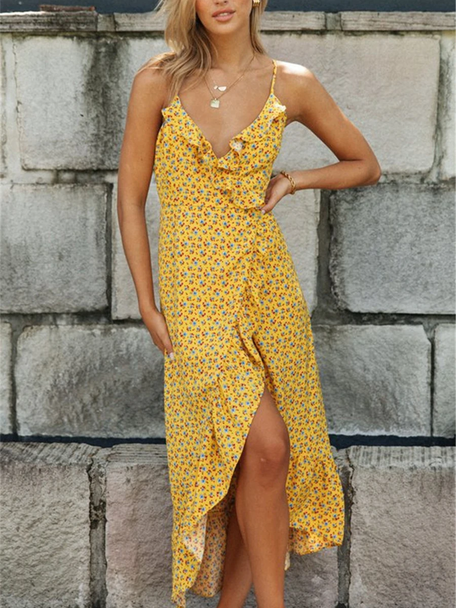 Elegant V-Neck Floral Print Sleeveless Maxi Dress with Ruffled Hemline and Adjustable Spaghetti Straps for Women - Perfect for
Elegant V-Neck Floral Print Sleeveless Maxi Dress with Ruffled Hemline and Adjustable Spaghetti Straps for Women - Perfect for