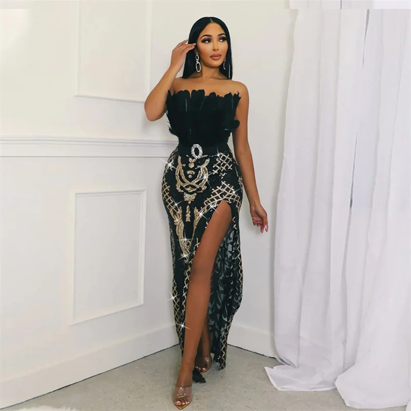 Women Fashion Luxury Strapless Mesh Sequins Sparkly Long Sexy Party Dress Feather High Split Irregular Night Club Dress Birthday
Women Fashion Luxury Strapless Mesh Sequins Sparkly Long Sexy Party Dress Feather High Split Irregular Night Club Dress Birthday