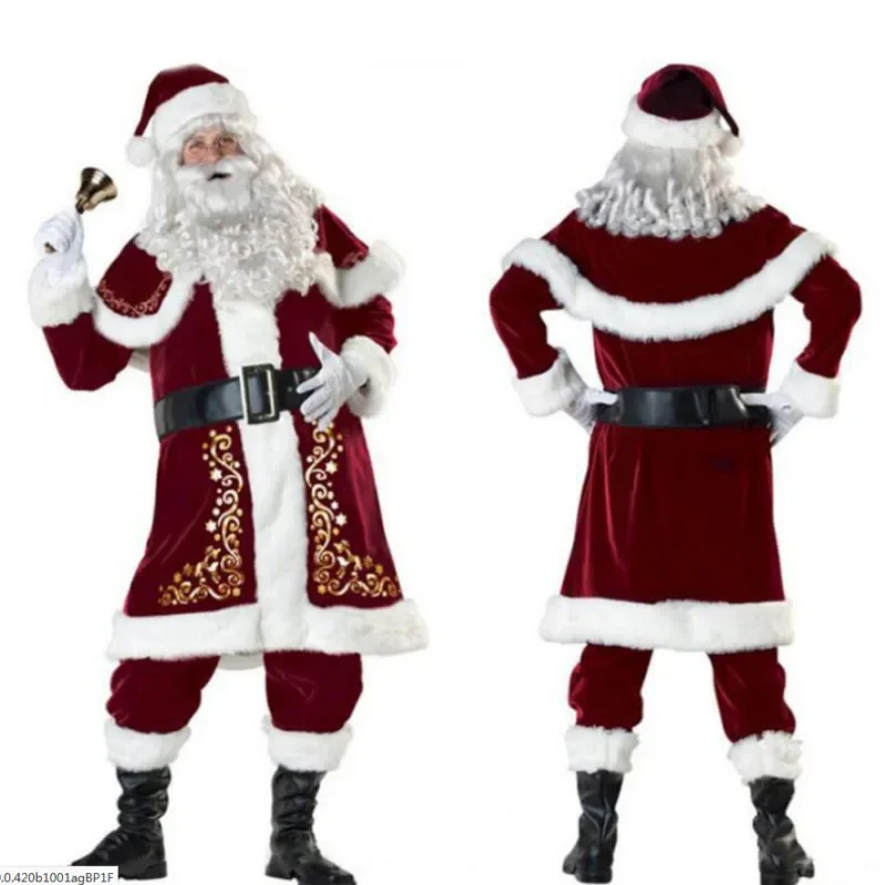 

Xmas Santa Claus Suit Adult Christmas Cosplay Costume Red Deluxe Velvet Fancy 8pcs Set Xmas Party Man Costume