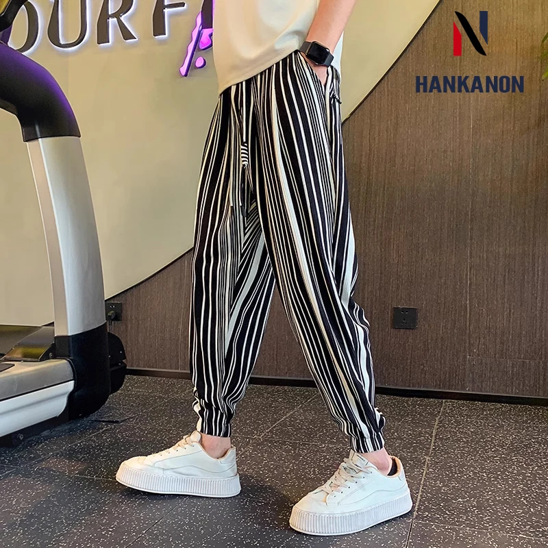 

Summer Ice Silk Thin Ankle-length Pants, Black and White Color Block Slim Pants, Comfortable and Stretchy Waistband Men Pants.