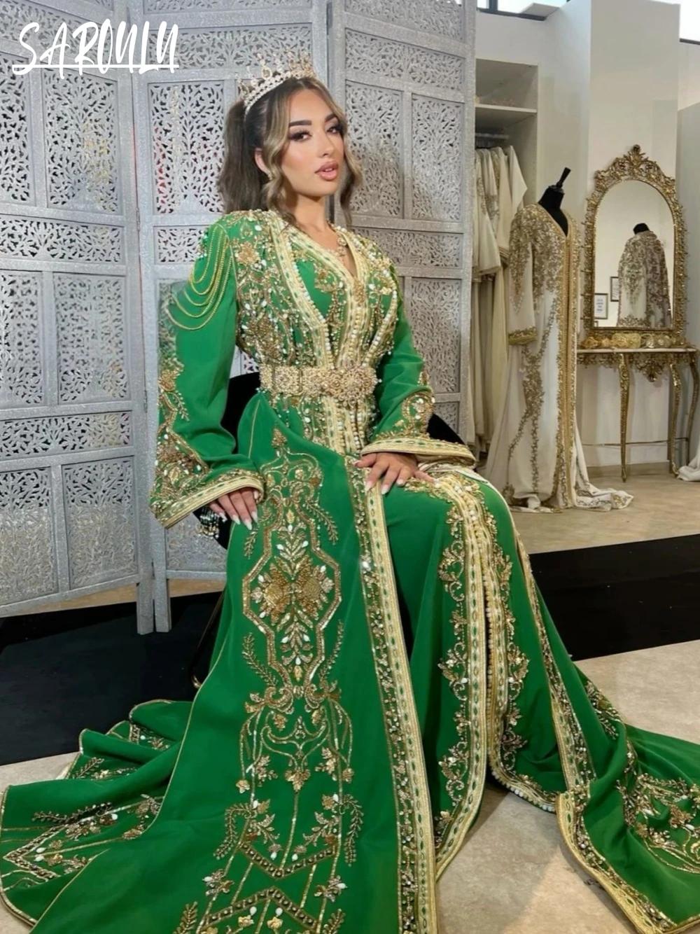 

Exquisite V-neck Evening Dresses Moroccan Appliques A-line Bridal Dress For Women Beading Floor-length Gown Robe De Mariée