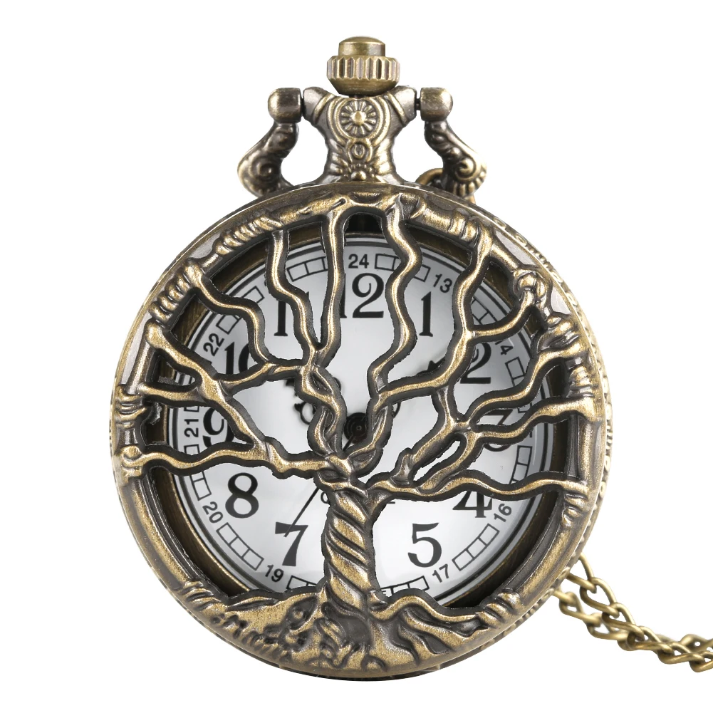 

Bronze Hollow Out Life Tree Pattern Quartz Analog Necklace Watch Men Women Arabic Numerals White Dial Old Fashion Pendant Clock