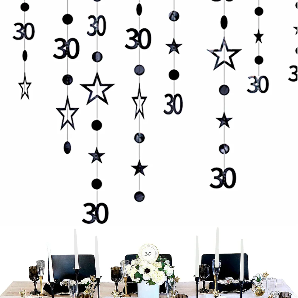 

Birthday Decor Black 30th Number 30 Circle Dot Twinkle Star Garland Metallic Hanging Banner Anniversary Party Supplies