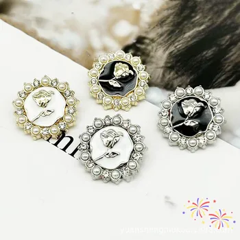 아름다운 라인석 로즈 도트 오일 버튼 6 개, 의류 디자이너 패션 꽃 다이아몬드 진주 금속 단추