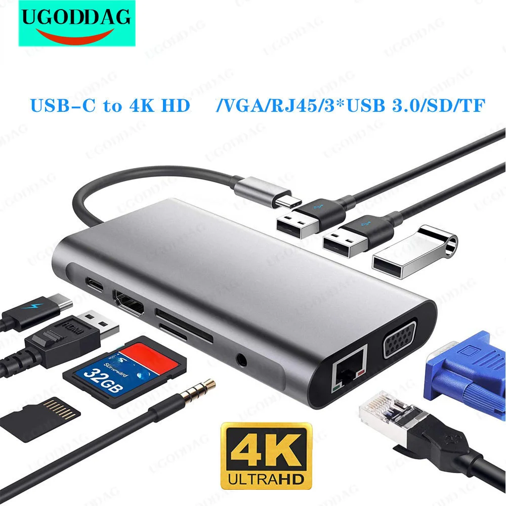 10 в 1 Разветвитель USB C на 4K HDMI-совместимый адаптер VGA RJ45 Ethernet Mulit USB 3,0 док-станция 3,5 мм SD TF концентратор
10 в 1 Разветвитель USB C на 4K HDMI-совместимый адаптер VGA RJ45 Ethernet Mulit USB 3,0 док-станция 3,5 мм SD TF концентратор