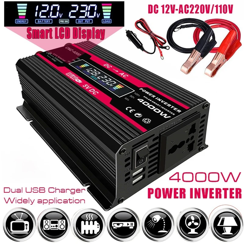 

4000W Car Solar Power Inverter 12v 110V 220v LCD Display USB Modified Sine Wave Voltage Transformer Adapter Charge Converter