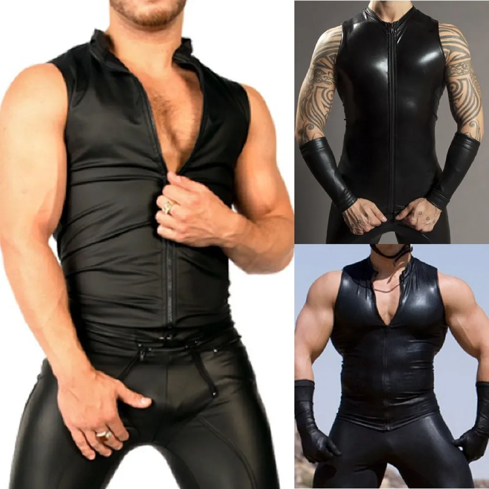 New Men's Sleeveless T-Shirts Sexy PU Leather Shiny Zip Tops Party Club Stage Costume Clothing For Man T Shirts
New Men's Sleeveless T-Shirts Sexy PU Leather Shiny Zip Tops Party Club Stage Costume Clothing For Man T Shirts