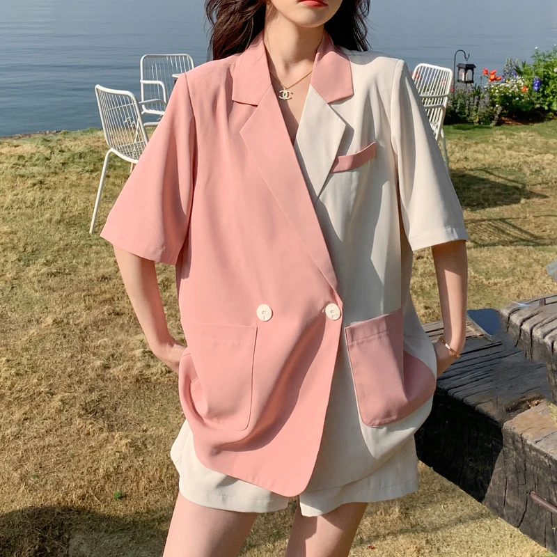 Summer Female Casual Office Lady Short Sleeve Panelled Color Blazer Women Neck Neck And High Waist Short Suits Women's Female
Summer Female Casual Office Lady Short Sleeve Panelled Color Blazer Women Neck Neck And High Waist Short Suits Women's Female