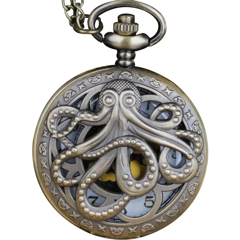 

Retro Bronze Octopus Quartz Pocket Watch With Necklace Chain Gift for Male Women Chronograph Hombre Relojes