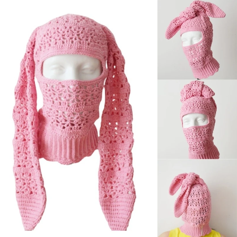 

Handwoven Balaclava Hat for Women Knitted Pullover Beanie Cap with Rabbit Ears Party Costume Hat Four Season Mask Hat
