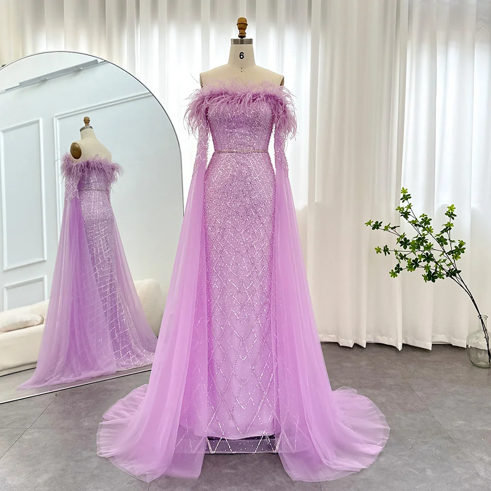 Trumpet / Mermaid Luxury Feather Turquoise Dubai Evening Dress with Cape Sleeves Lilac Arabic Women Wedding Party Prom Gown
Trumpet / Mermaid Luxury Feather Turquoise Dubai Evening Dress with Cape Sleeves Lilac Arabic Women Wedding Party Prom Gown