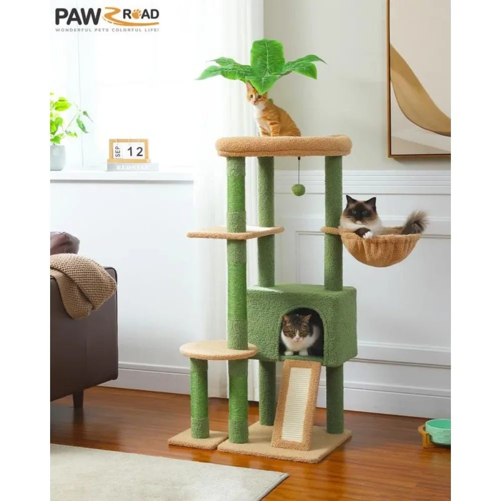 

Road 53 Inches Cactus Cat Tree, Multi-Level Cat Tower for Indoor Cats with Condo, Covered Scratching Post , Large , Green
