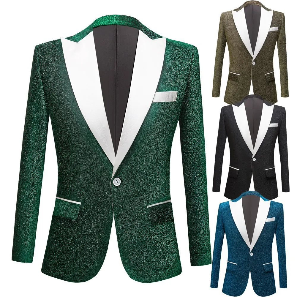

Men's Glitter Silk Suit Jacket Groom Wedding Slim Tuxedo Lapel Business Blazer Black Plus Size Single Button Singer Host Stage