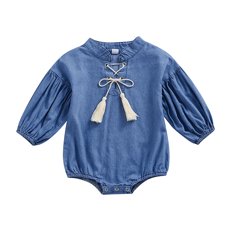 Newborn Baby Girls Denim Jumpsuits Casual Solid Color Long Sleeves Romper with Tassel Bandage for Infant Toddler
Newborn Baby Girls Denim Jumpsuits Casual Solid Color Long Sleeves Romper with Tassel Bandage for Infant Toddler