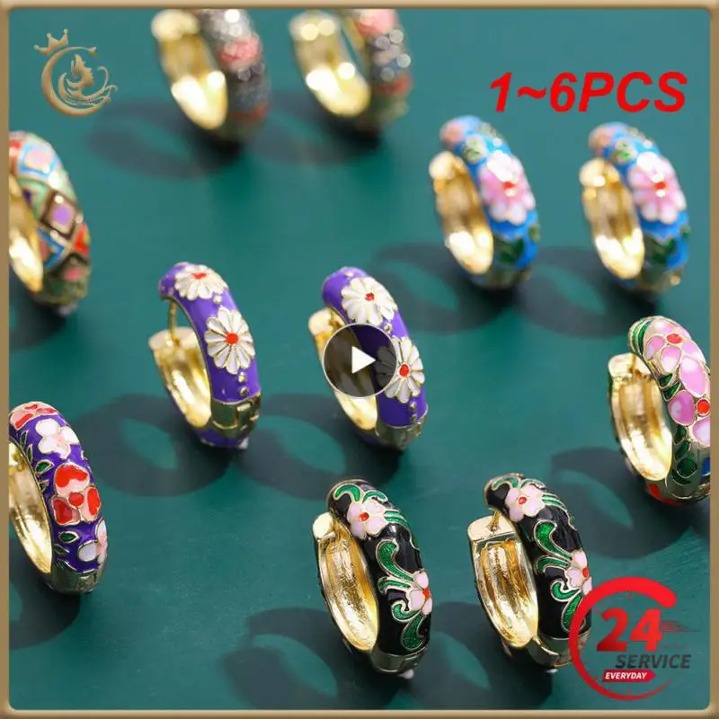 

1~6PCS Vintage Enamel Flower Small Hoop Earrings Trendy Geometric Statement Round Circle Huggie Earring Fashion Jewelry Brincos