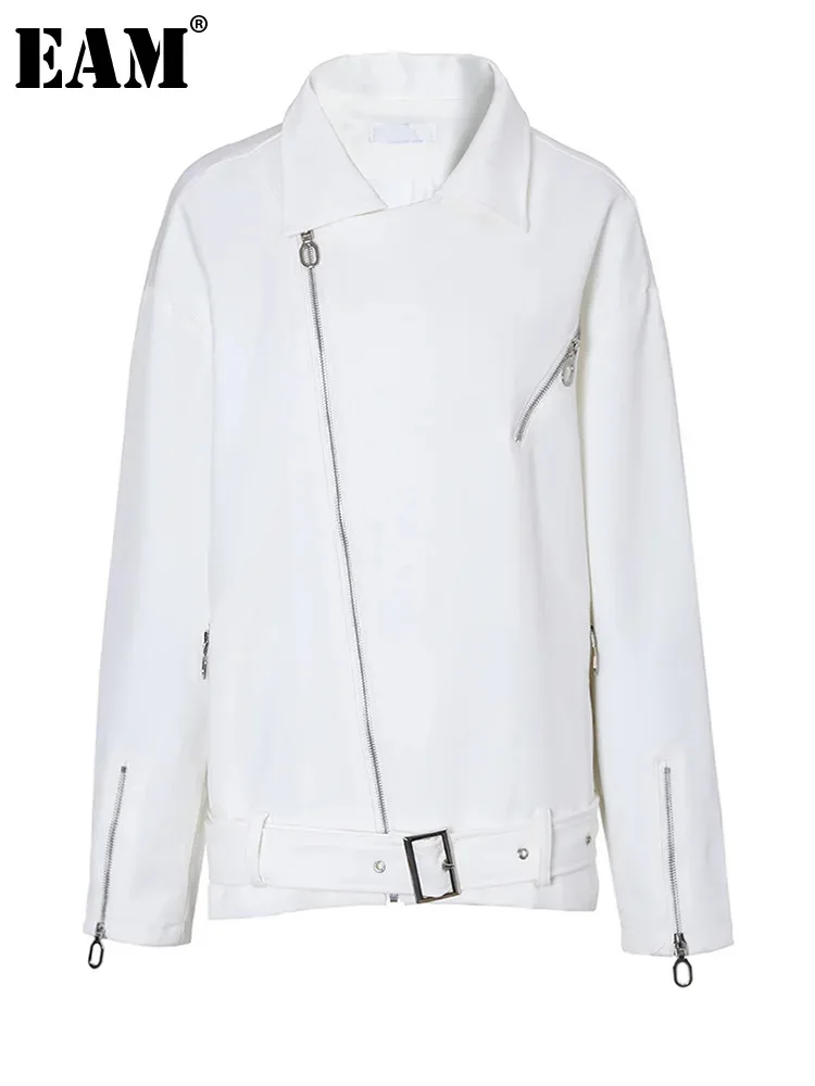 

[EAM] Loose Fit White Zipper Belted Big Size Jacket New Lapel Long Sleeve Women Coat Fashion Tide Spring Autumn 2024 1DF3511