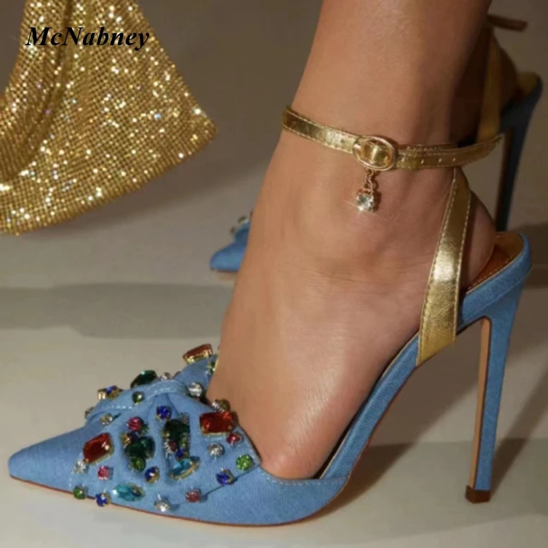 Multicolor Diamond Woman Denim Sandals Rhinestone Bowknot Pointed Toe High Heels Slingback Ankle Buckle Strap Stilettos Shoes
Multicolor Diamond Woman Denim Sandals Rhinestone Bowknot Pointed Toe High Heels Slingback Ankle Buckle Strap Stilettos Shoes