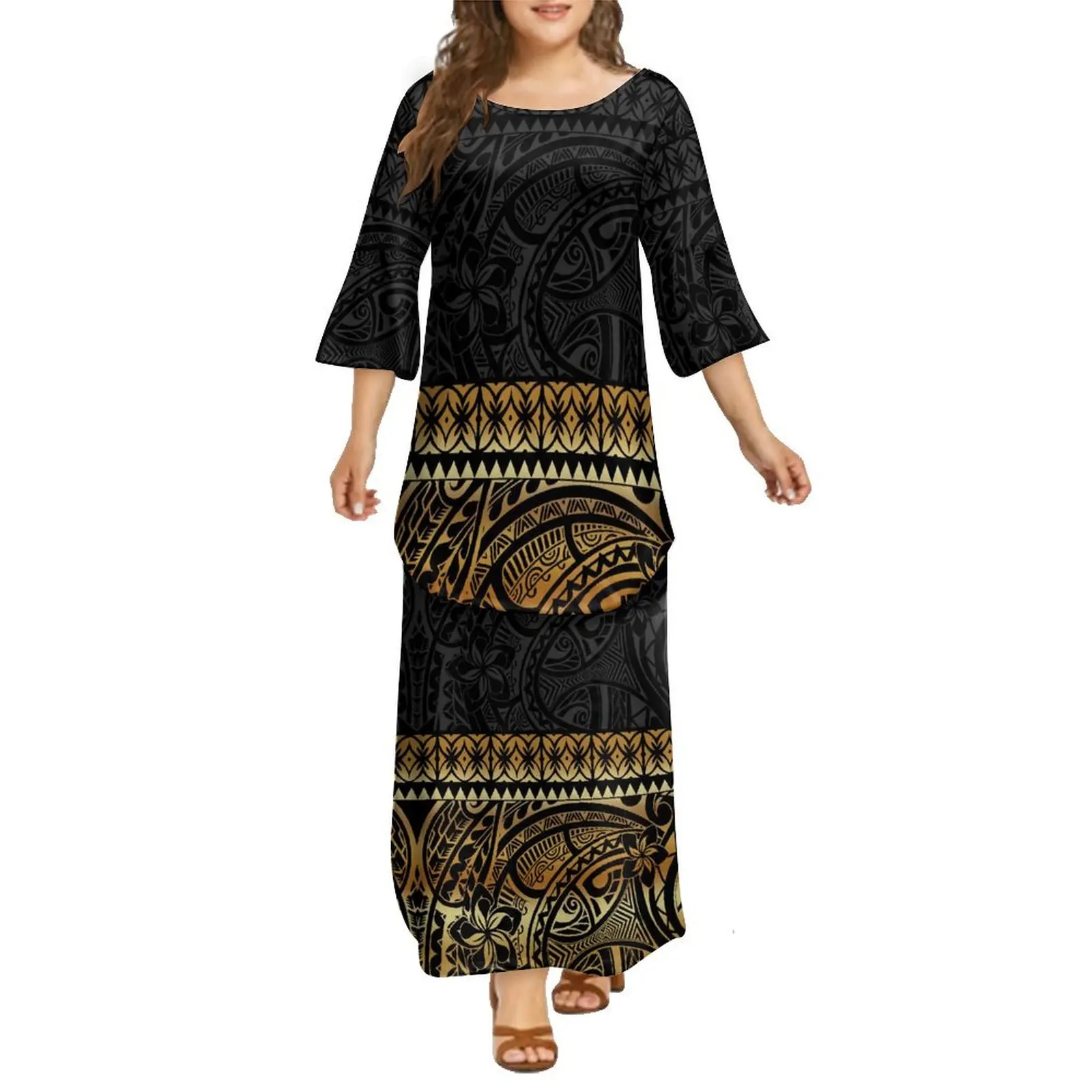 

Women'S Crew-Neck Long-Sleeved Dress Polynesian Tribal Design Patterns High Quality Puletasi Clothing Free Shipping