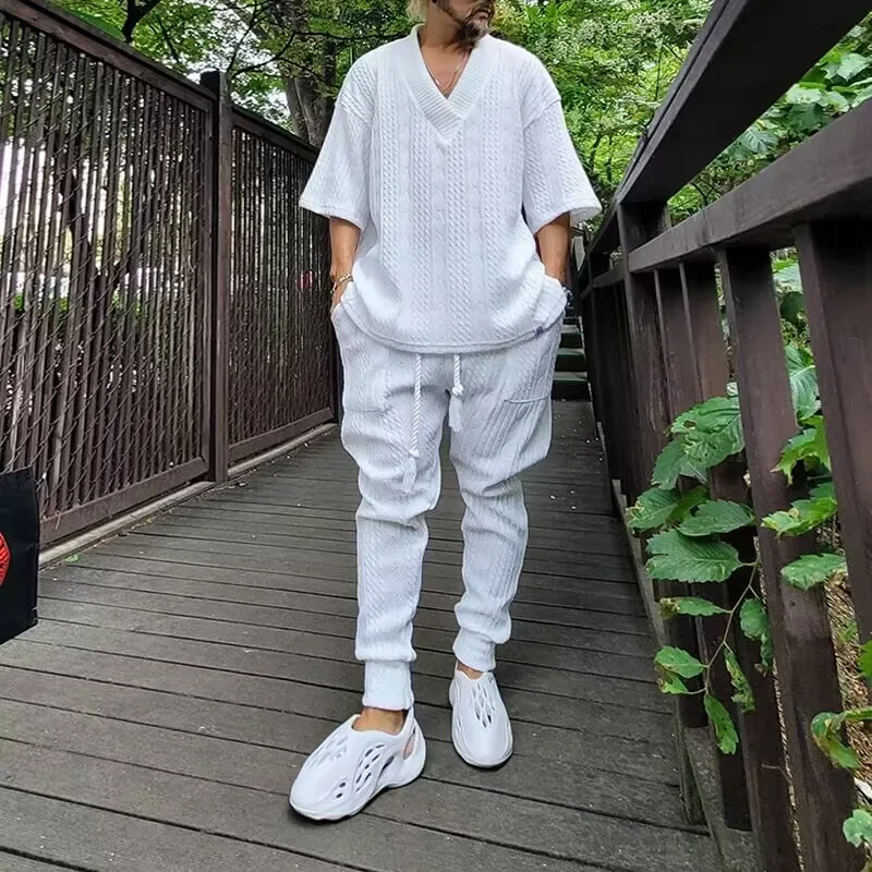Fashion Men Knit Suit V-Neck Short Sleeve Tops And Pants Slim Fit Two Piece Set Streetwear Casual Solid Jacquard Sweater Outfits
Fashion Men Knit Suit V-Neck Short Sleeve Tops And Pants Slim Fit Two Piece Set Streetwear Casual Solid Jacquard Sweater Outfits
