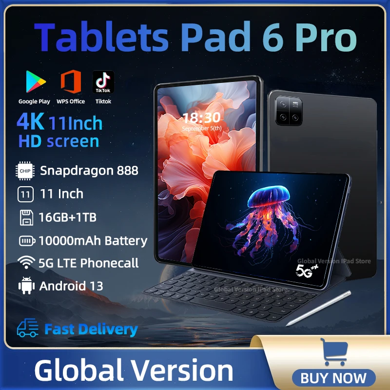 

New Global Version Original Pad 6 Pro Tablets PC Snapdragon 888 10000mAh Android 13 11 inch 16GB+1024GB 5G HD 4K Screen WIFI Mi