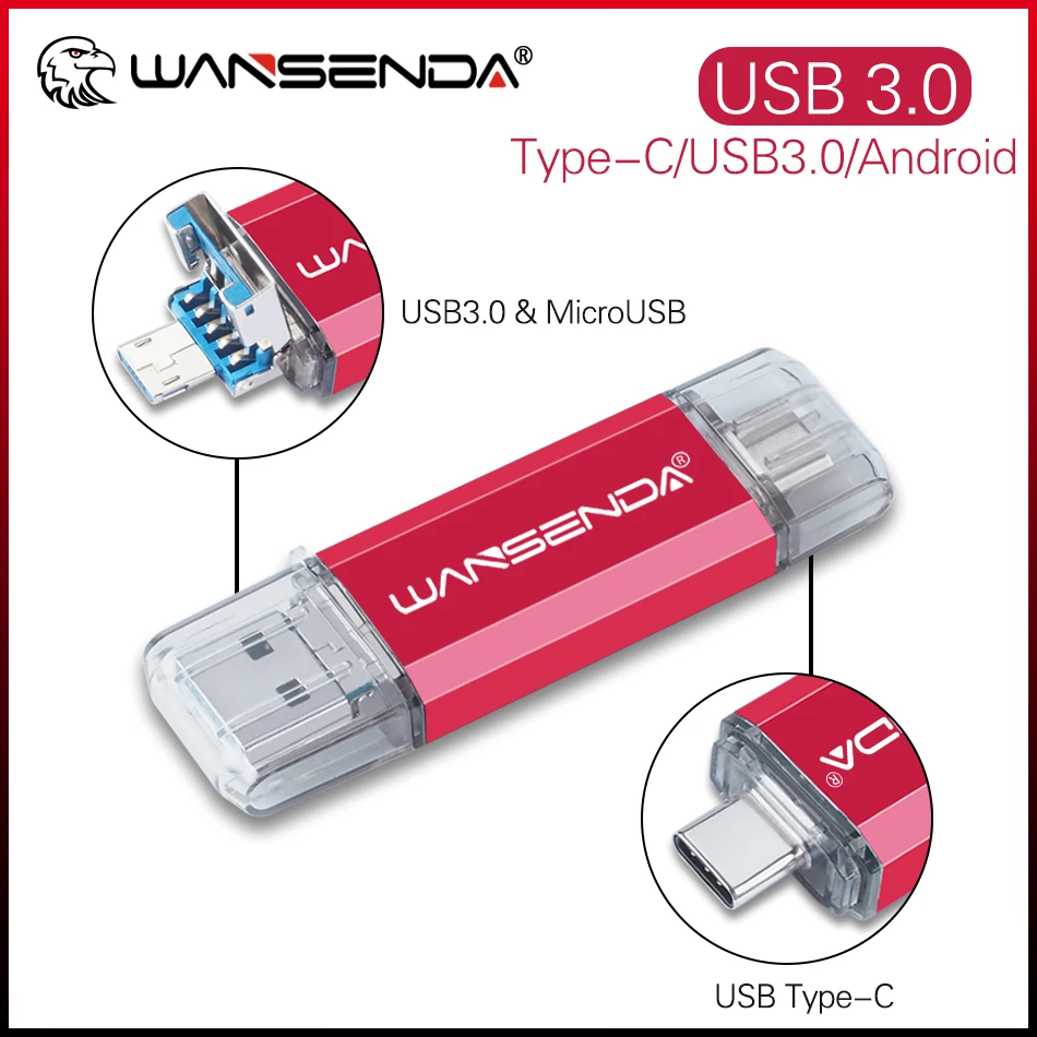 

WANSENDA 3 IN 1 OTG USB Flash Drive 128GB Pendrive USB Stick 3.0 512GB 256GB 64GB 32GB for Type C / Micro USB Pen DriveU Disk