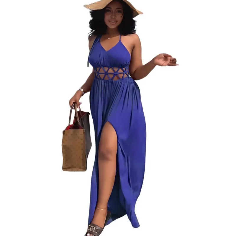 

Wrapped Bust Sexy Long Dresses Elegant Women's Spaghetti Strap Dress Solid Hollow Backless Slit Party Bohemian Dress 2023 Summer