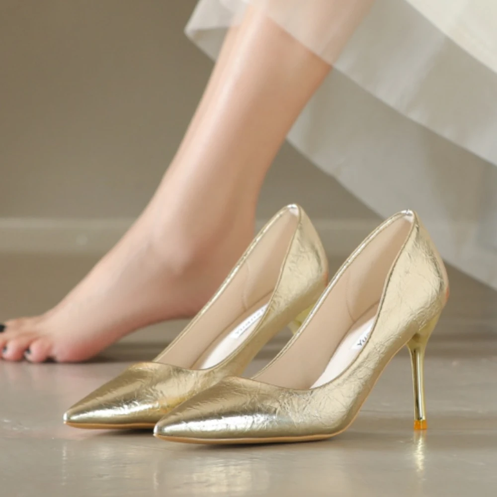 

Роскошные туфли-лодочки для женщин, золотые блестящие туфли-лодочки, брендовые туфли на высоком каблуке больших размеров, привлекательные свадебные туфли с острым носком, Мэри Джейн